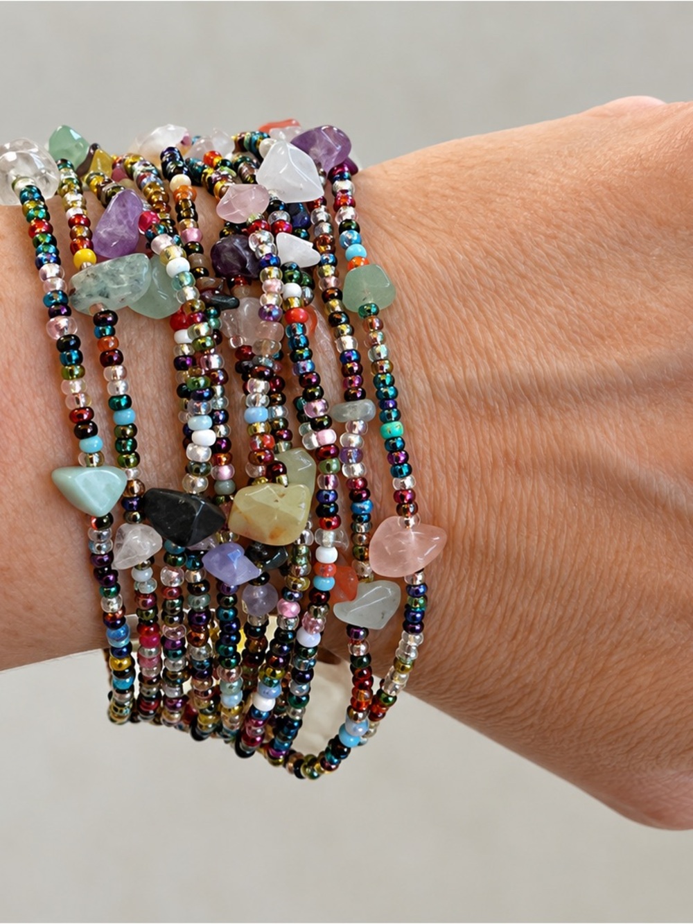 Handmade Multicolor Gemstone Chip & Seed Bead Multi-Strand Boho Bracelet